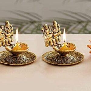 Metal Laxmi Ganesh Hand made Diya pair(3X3 inch, Gold, Pack of 1)