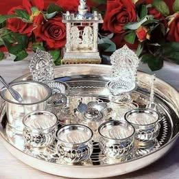 Germán silver pooja thali set with Lakshmi Ganesh combo set for house warming..