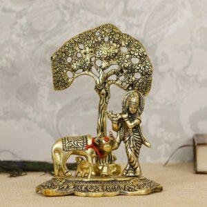 Lord Krishna with Cow and Calf Under Tree Metal Idol