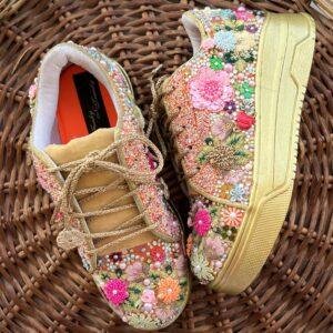 Multicolored Floral Sneakers with Golden Touch